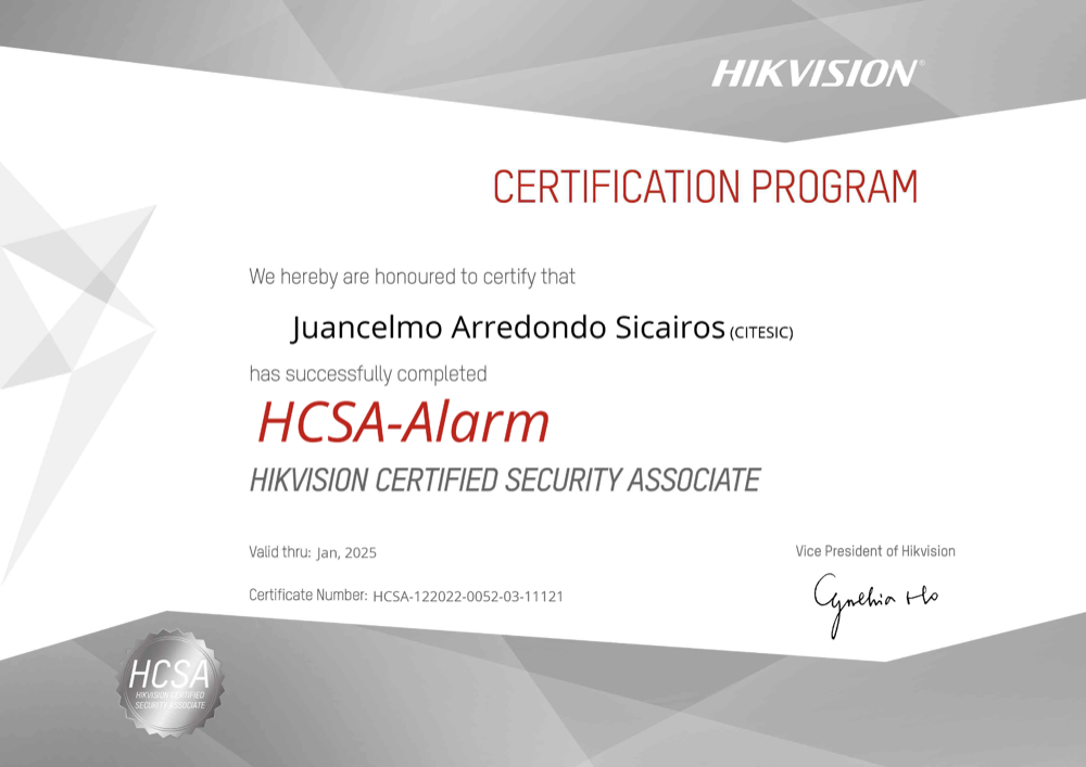 Certificación Hikvision HCSA-Alarm a nombre de CITESIC