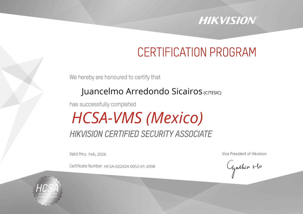 Certificación Hikvision HCSA-VMS a nombre de CITESIC
